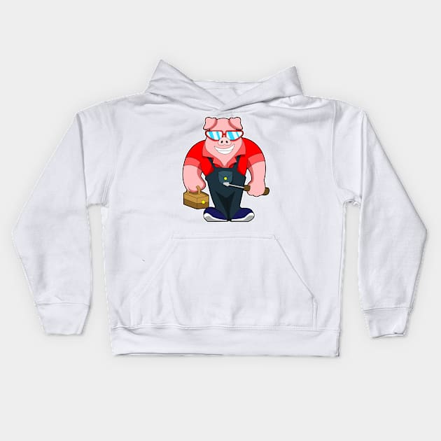 Pig as Mechatronics engineer with Tool box Kids Hoodie by Markus Schnabel